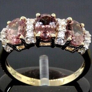 10k Yellow Gold Oval Topaz Three-Stone Ring Size 9.25 Estate Sale Cubic Zirconia